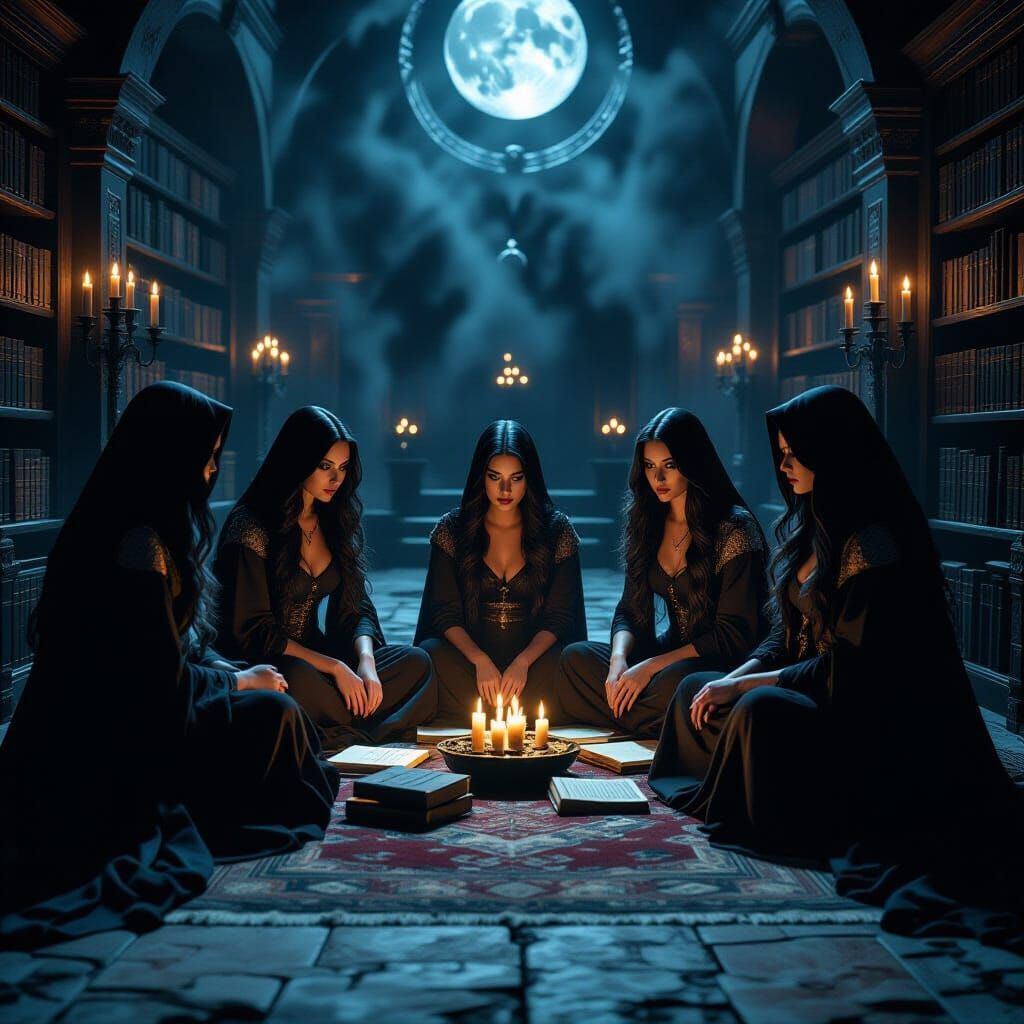 A coven of powerful sorceresses gathers in a hidden, moonlit...