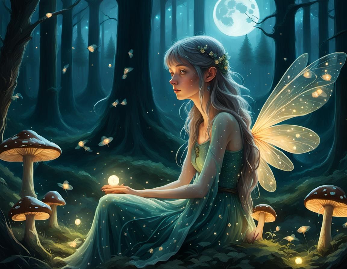 HYPER REALISTIC PERFECT, SMOOTH, HD QUALITY, A fairy sitting on a mushroom in a moonlit forest, surrounded by glowing fi...