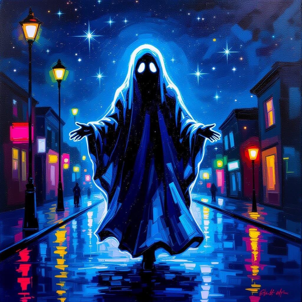 Illuminated Ghost at Night Impasto Painting