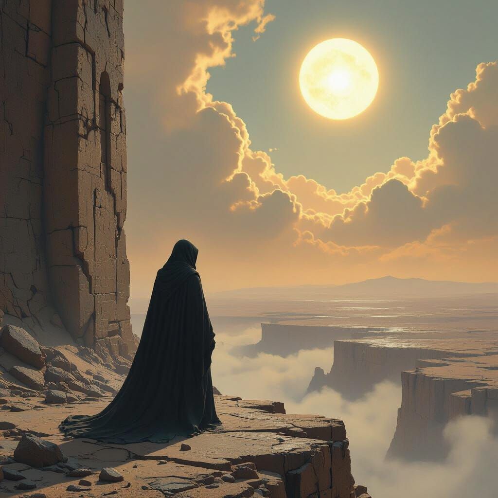 Ancient Figure at Alien Ruin Under Twin Suns