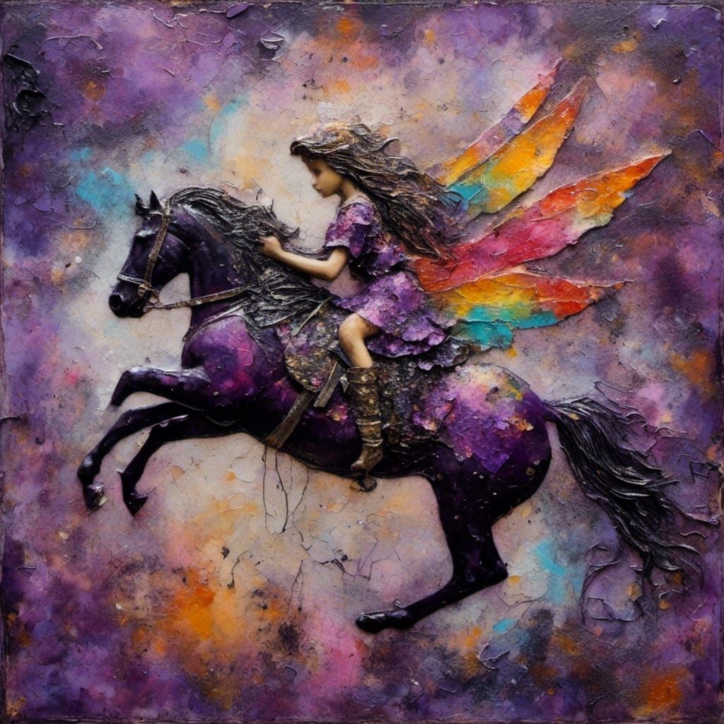 Fairy Princess on Rodeo Horse in Encaustic Collage