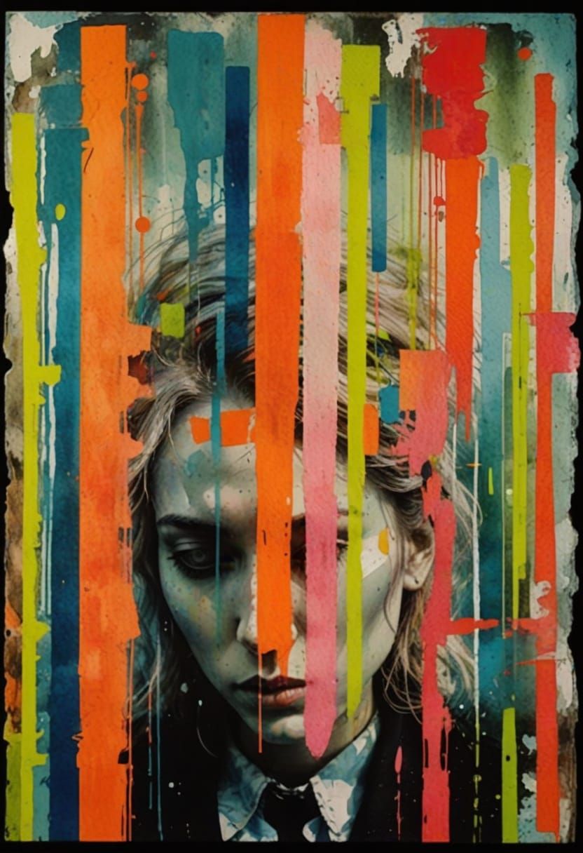 Sad Woman in Abstract Surrealist Watercolour Art