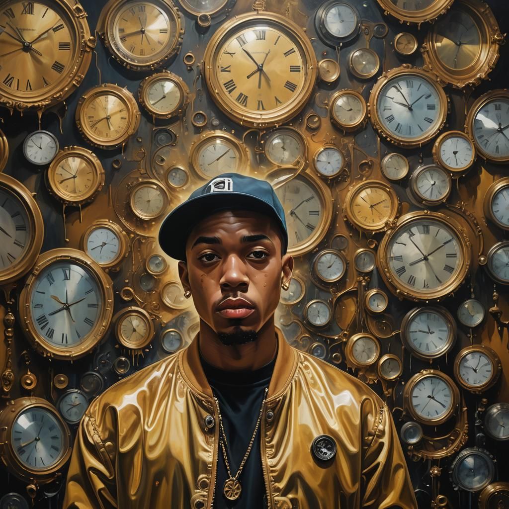 Surreal Rapper Portrait with Melting Clocks
