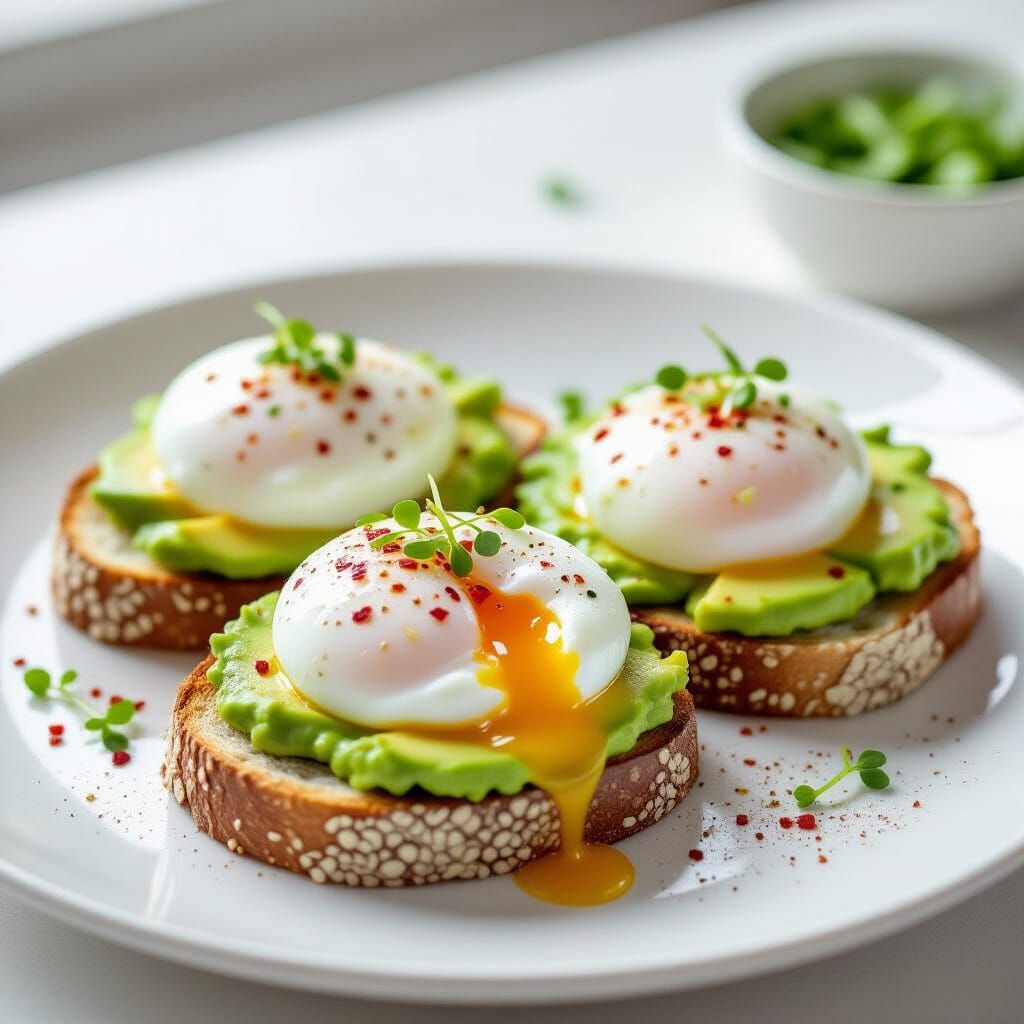 Avocado Toast with Poached Eggs, Minimalist Food Photography