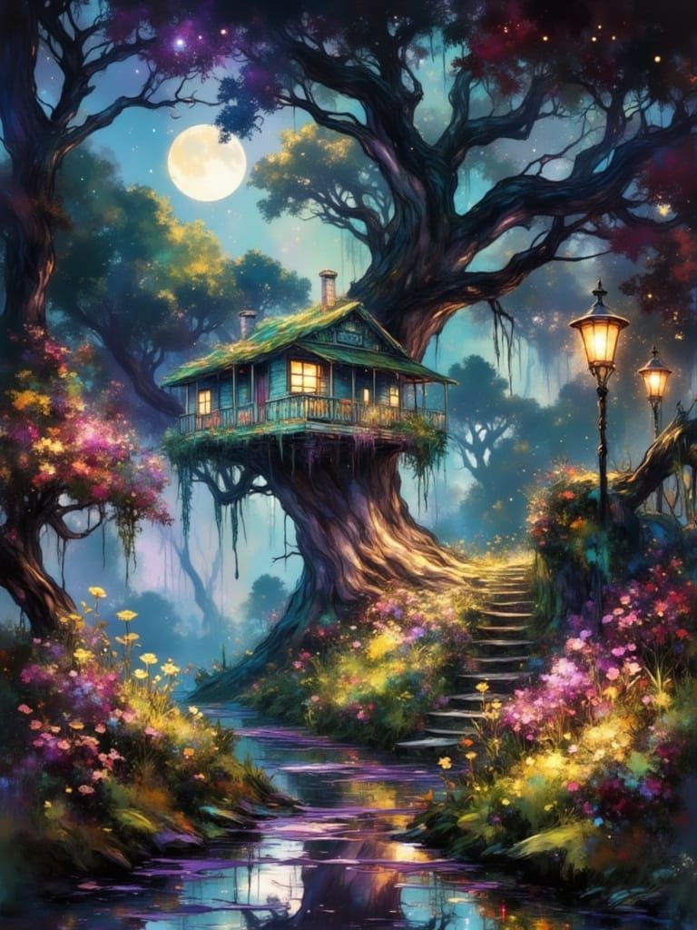 Dreamlike Forest Path to a Rustic Treehouse