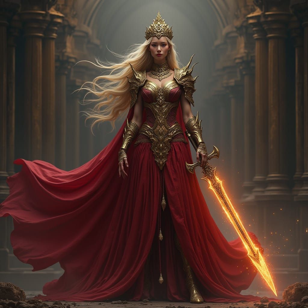 Ancient Goddess of War with Glowing Sword in Rich Fantasy La...