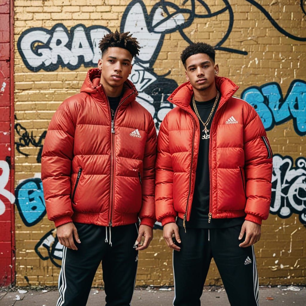 Athletes in Red Puffer Jackets: Streetwear Portrait