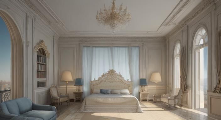 Sunny Greco-Roman Bedroom with Books, Digital Painting