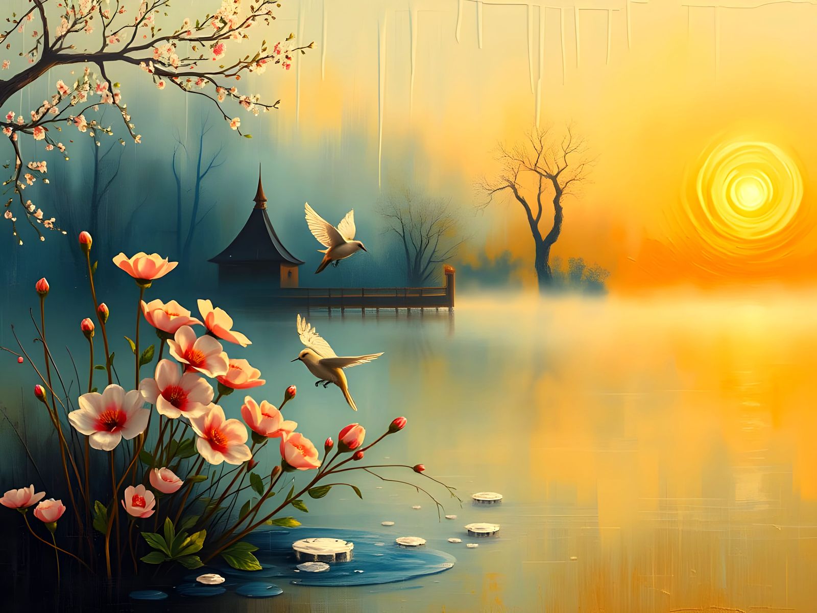 Golden Morning on a Misty Pond in Vibrant Impasto Style