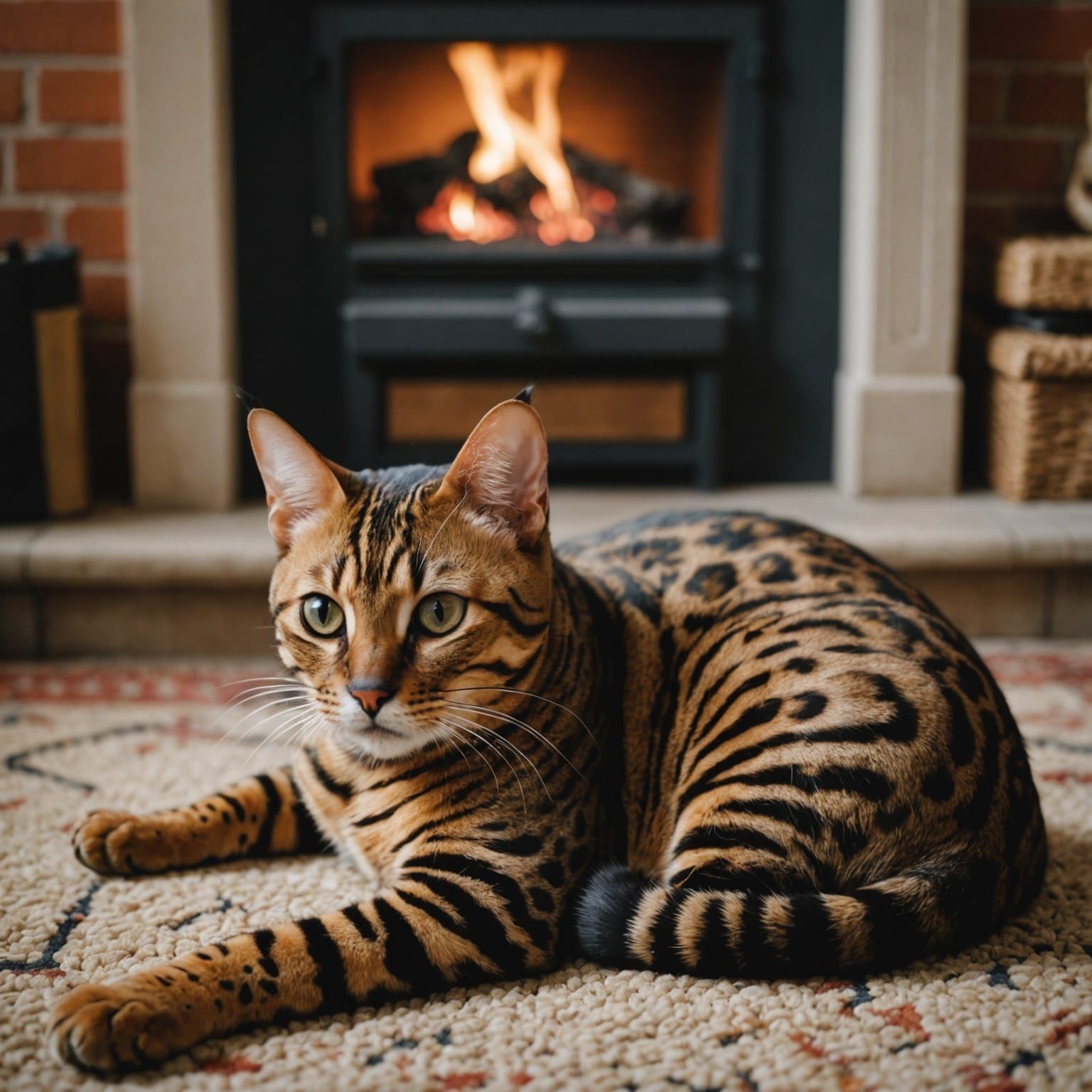 Bengal Cat Curled Up by Fireplace on Rug