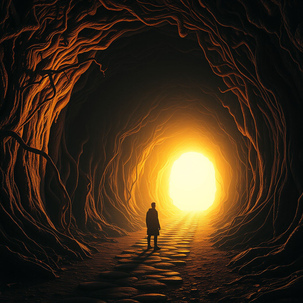 Mystical Tunnel Entrance with Radiant Golden Light