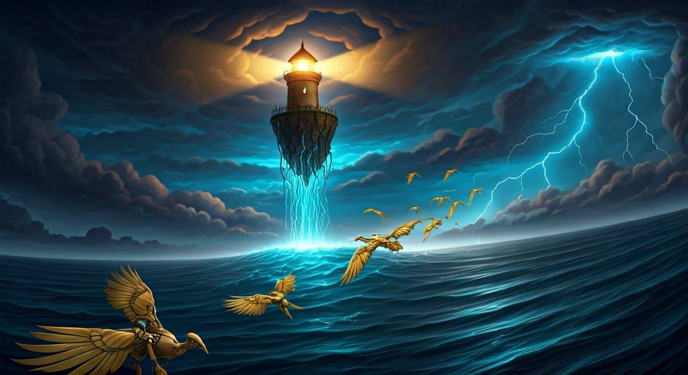 Mystical Steampunk Lighthouse Soars Above Turbulent Skies