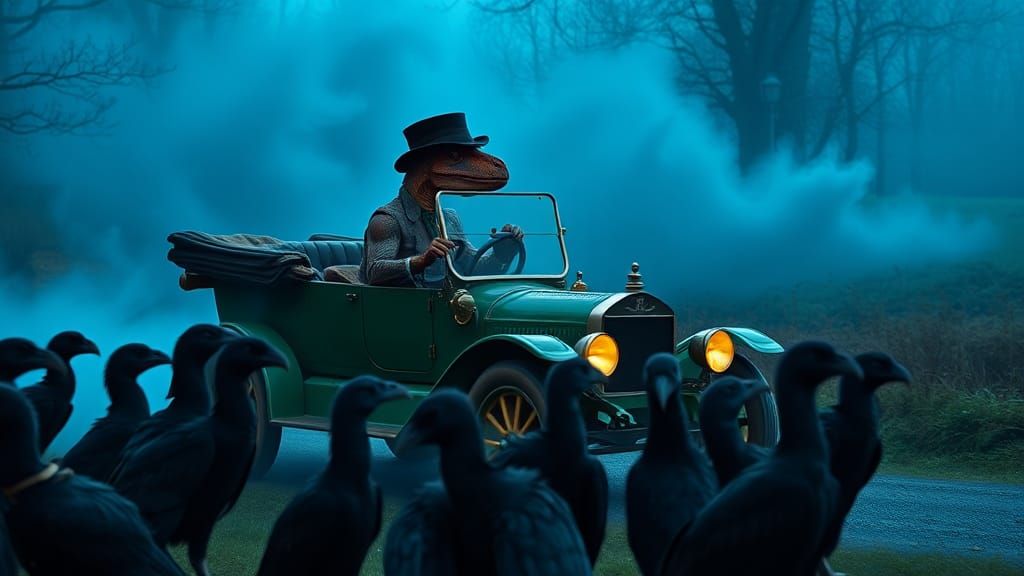 Velociraptor Drives Model T in Surreal Landscape