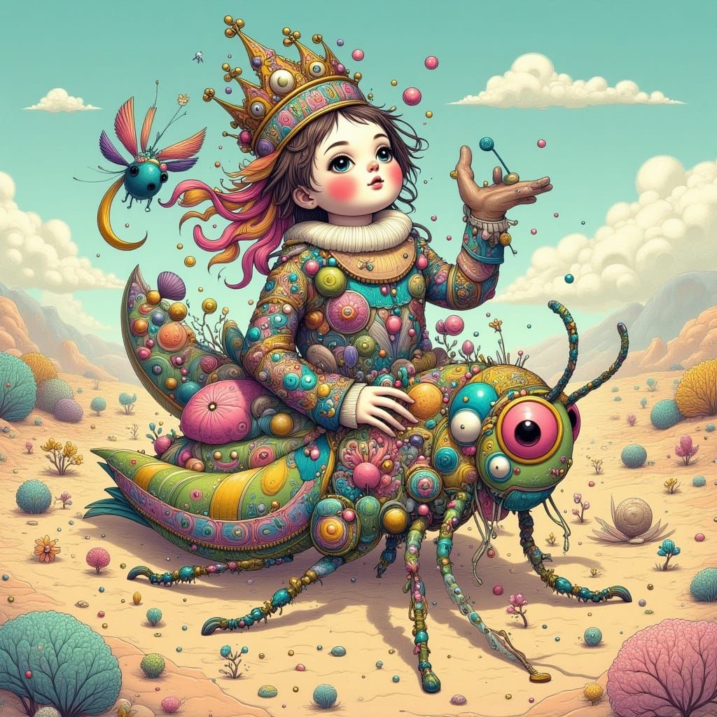 Comically Arrogant Mime Rides a Surreal Grasshopper across a...