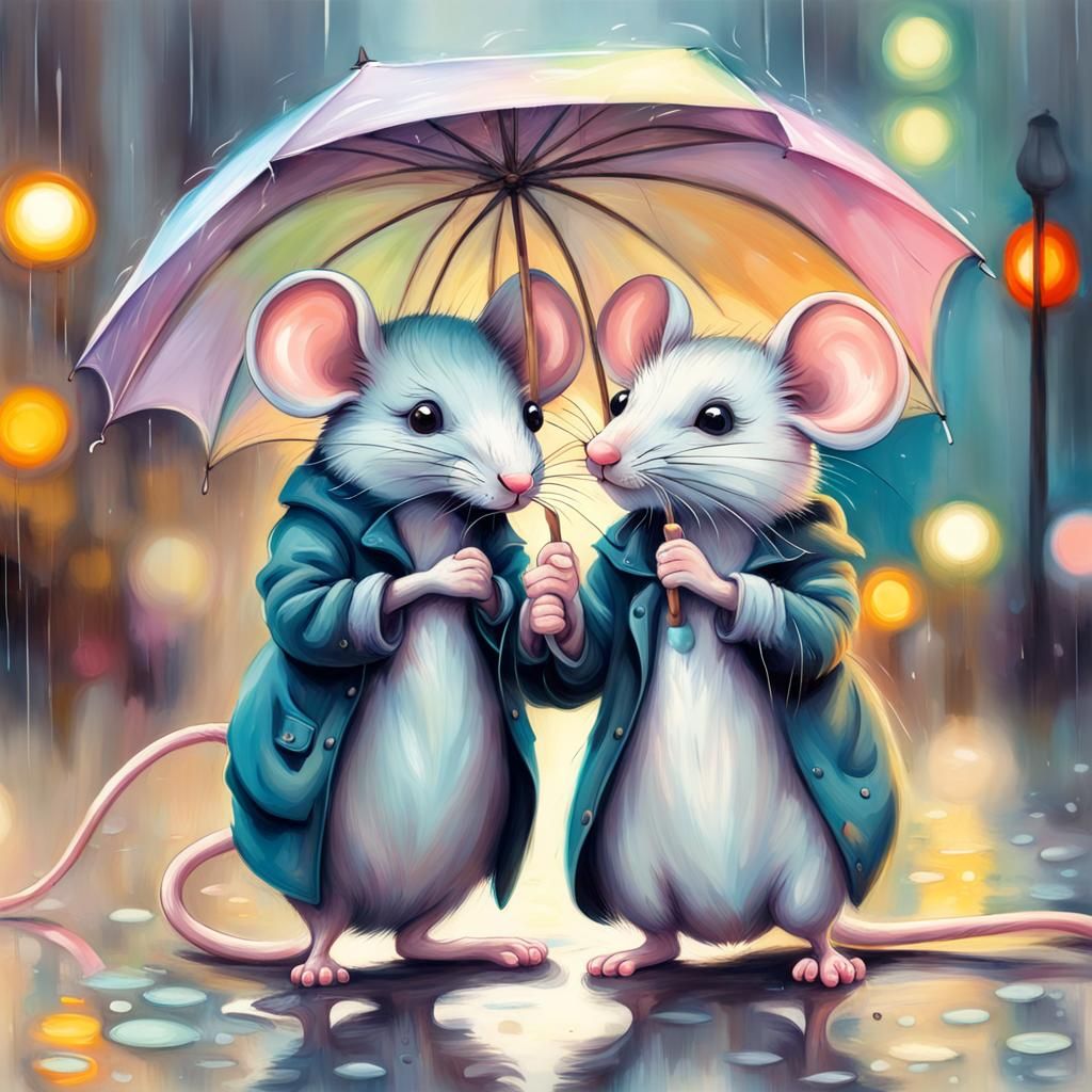 Mice Couple in Rainy Cityscape Pastel Art