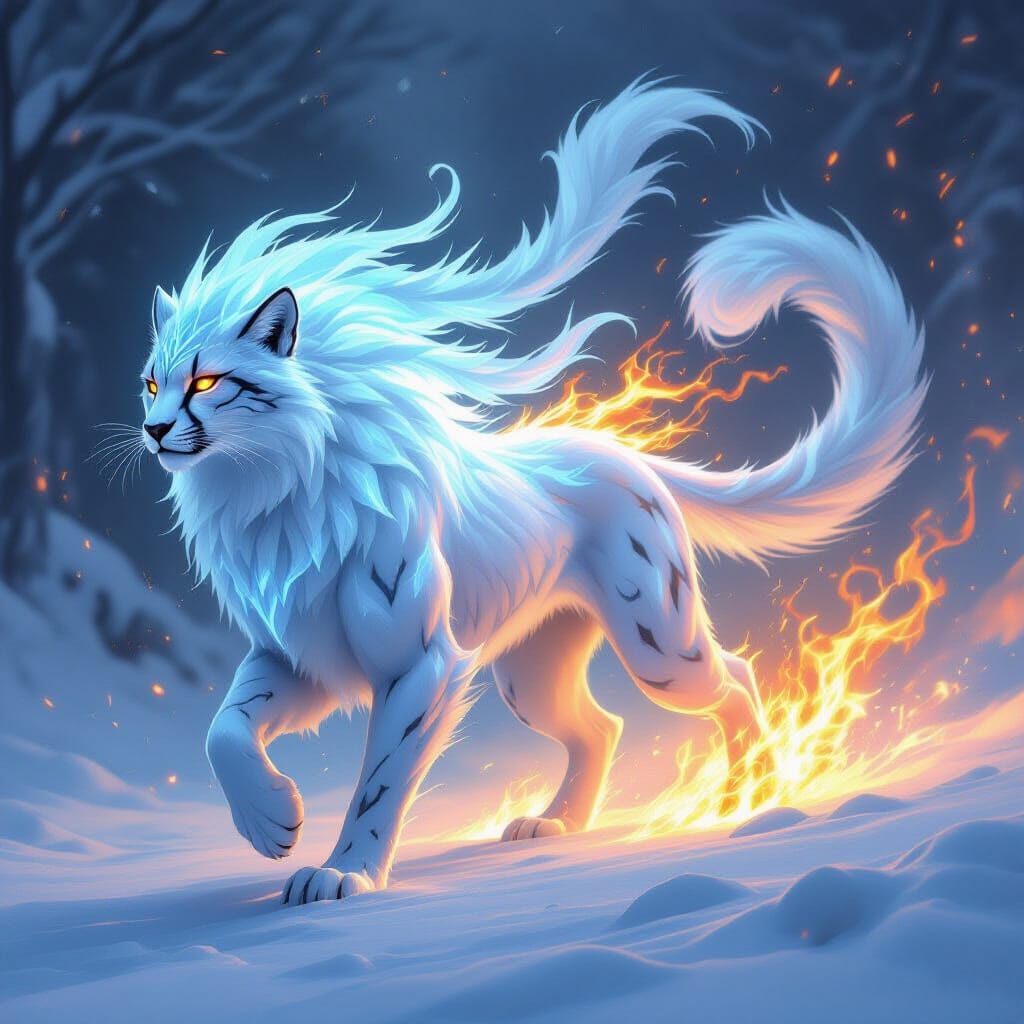 Ice Cheetah Elemental Fights Fire in Painterly Style