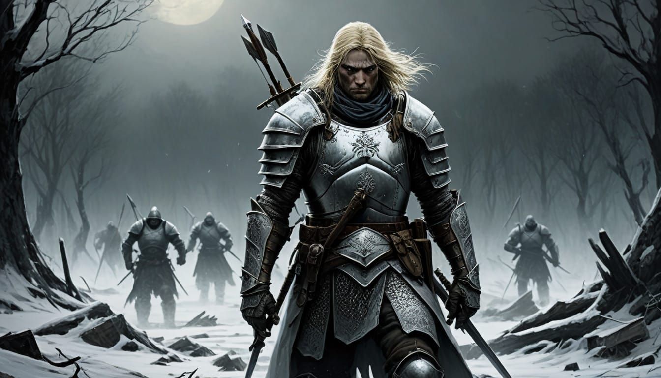 Warrior's Lament in Frosty, War-Torn Landscape