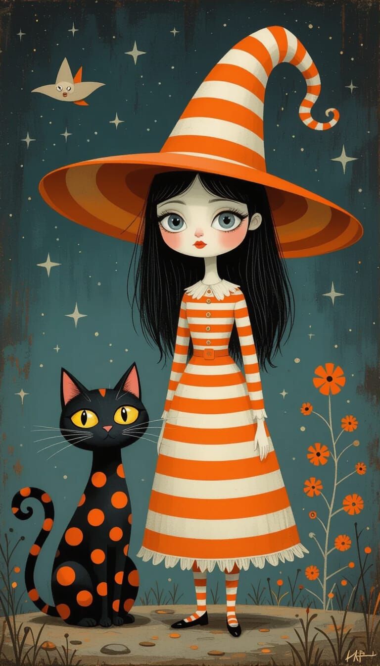 Whimsical Witch and Polka Dot Cat Oil Painting