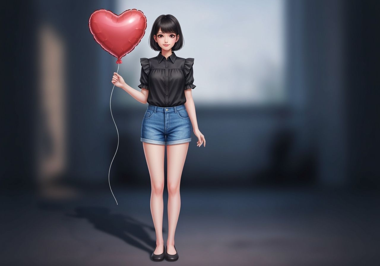 Cute Thai Woman Holding Heart Balloon in Watercolor Style