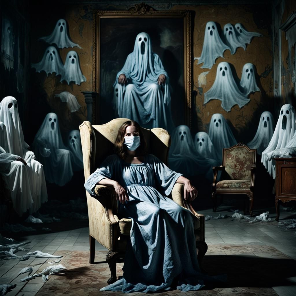 Mysterious Woman in Haunted Mansion with Ghosts