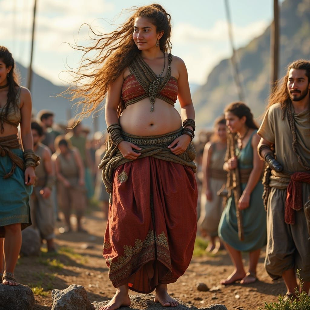 Viking Maiden in Traditional Norwegian Attire with Labourers...