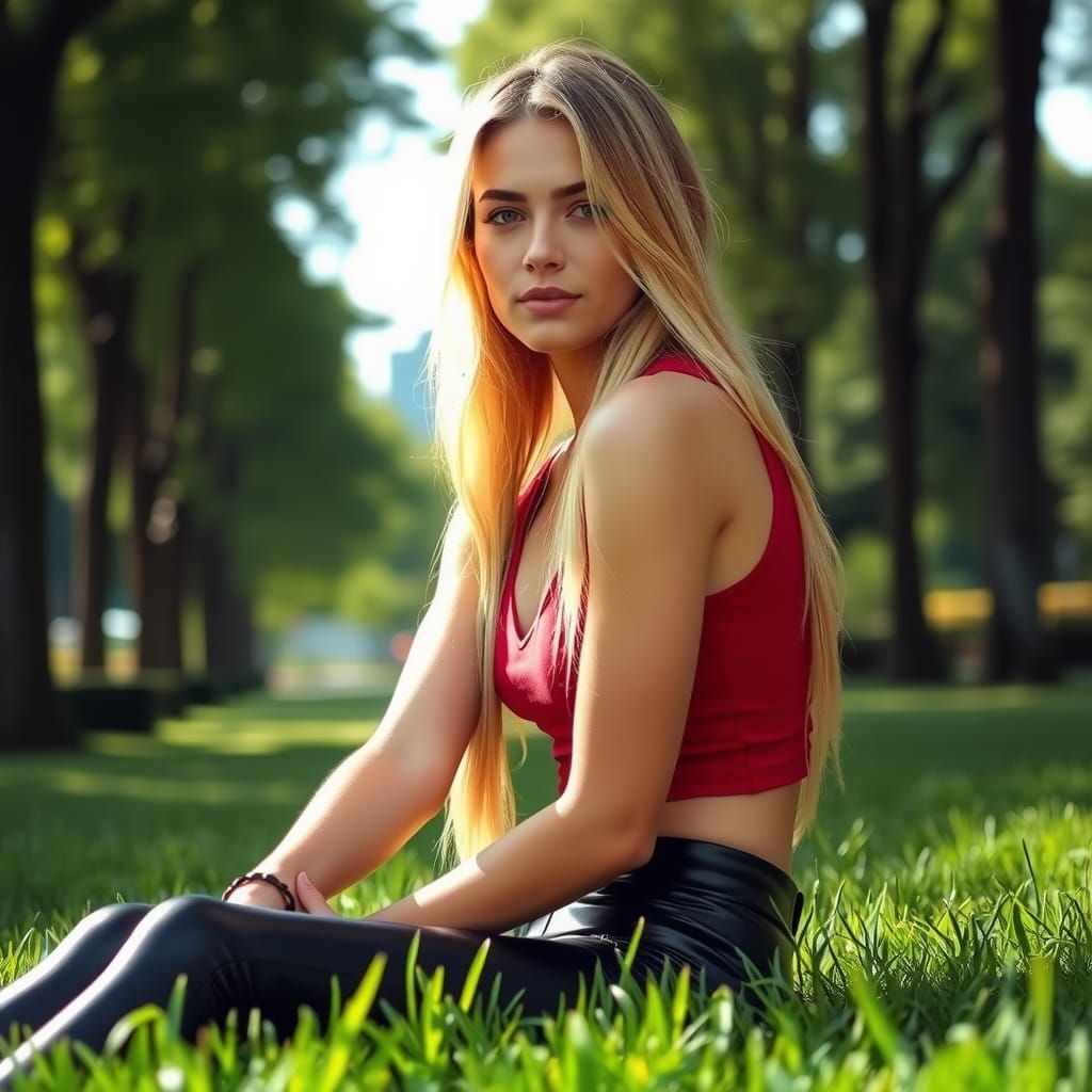 Woman in Red Top Relaxing in Sunny Park