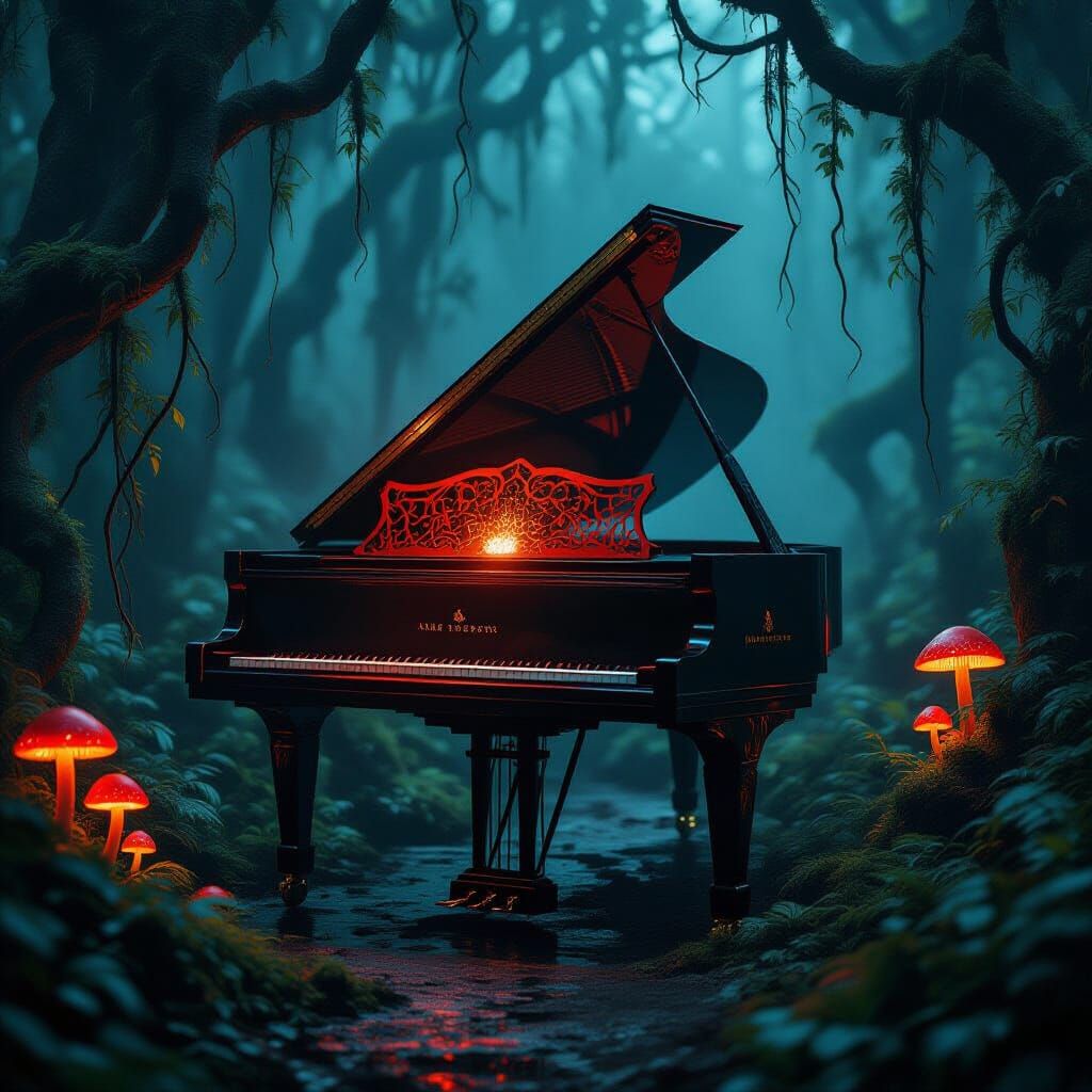 Glowing Red Grand Piano in Spooky Rainforest