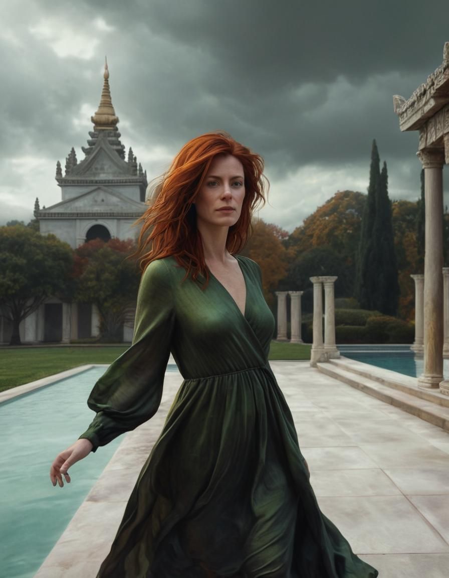 Renaissance Woman Beside Pool in Autumn Landscape