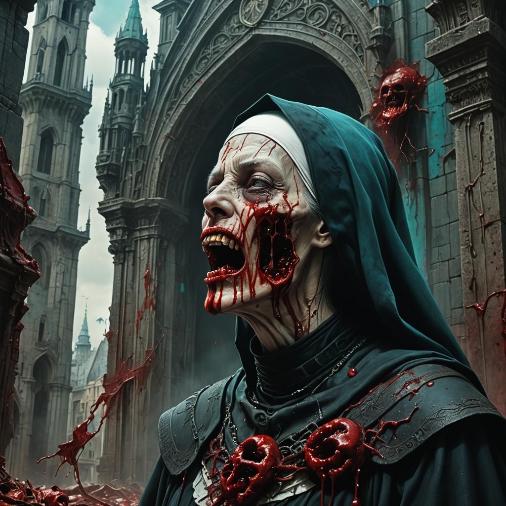 Grotesque Nun Feast: Dark Fantasy Digital Art