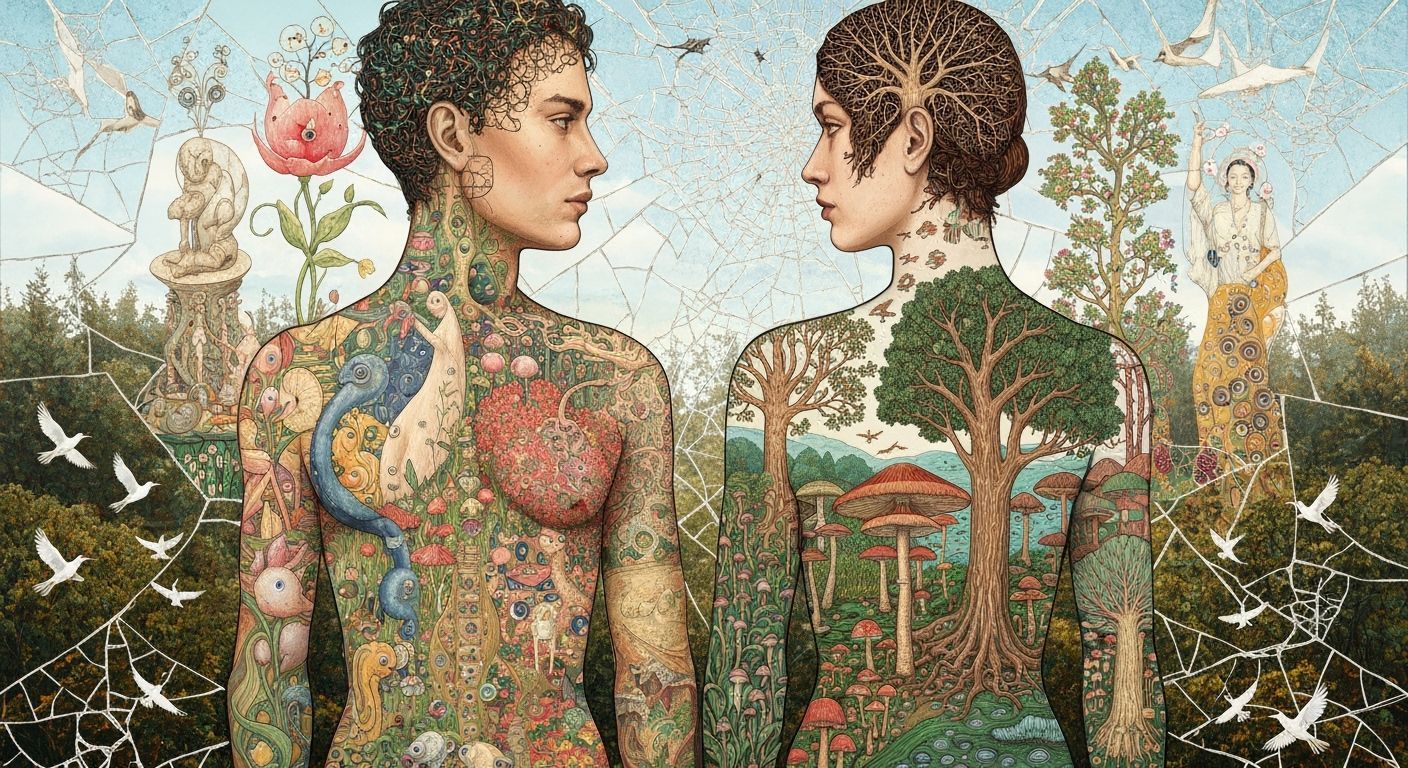 Surreal Garden Party with Mystical Figures in Fantasy Landsc...