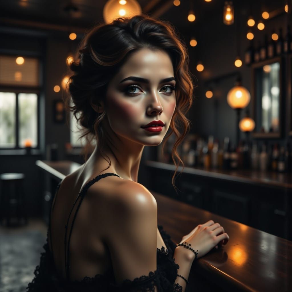 Beautiful Girl in Dark Bar, Surreal Romantic Style