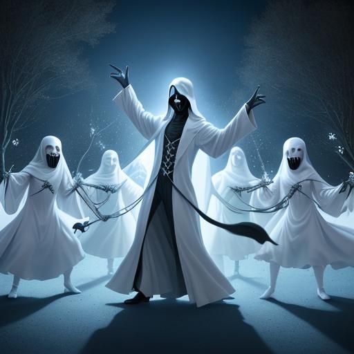 Grim Reaper Directs Dancing Ghosts in Blue Moonlight