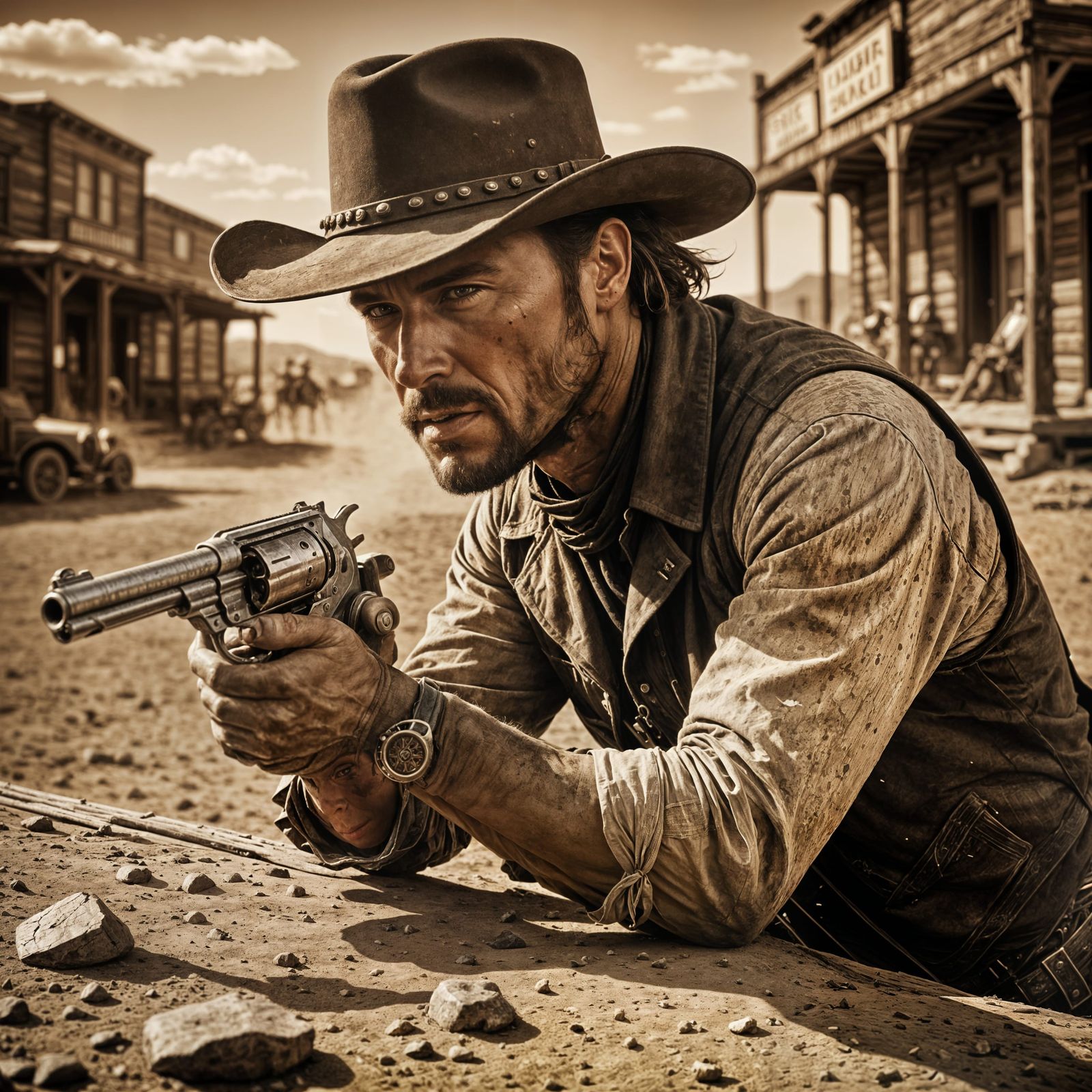 Wild West Shootout in Sepia Tone