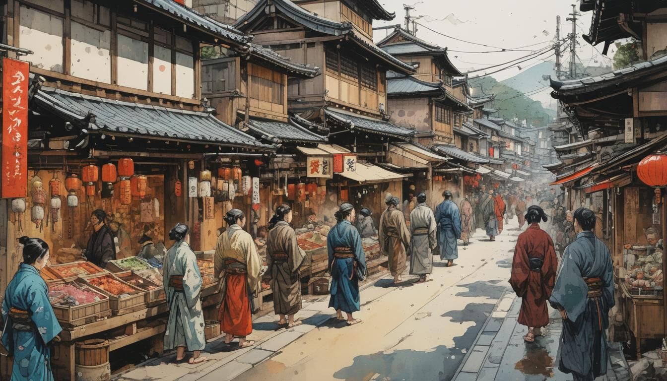 Bustling Market Street in Medieval Japan
