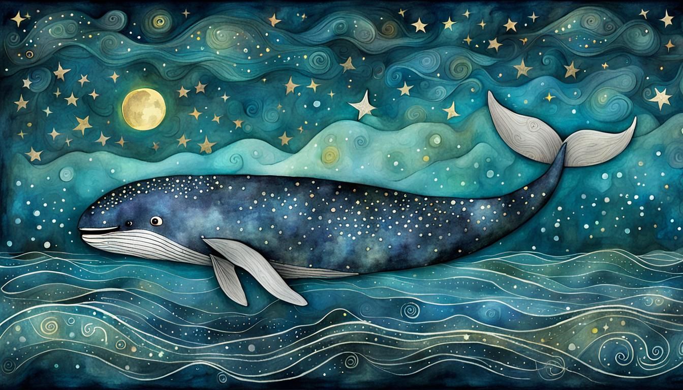 Enchanted Whale Dreamscape: Whimsical Starry Night Illustrat...