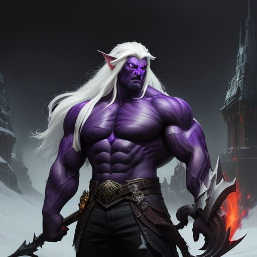 Dark Fantasy Warrior with Glowing Red Eyes and Snow-White Ha...