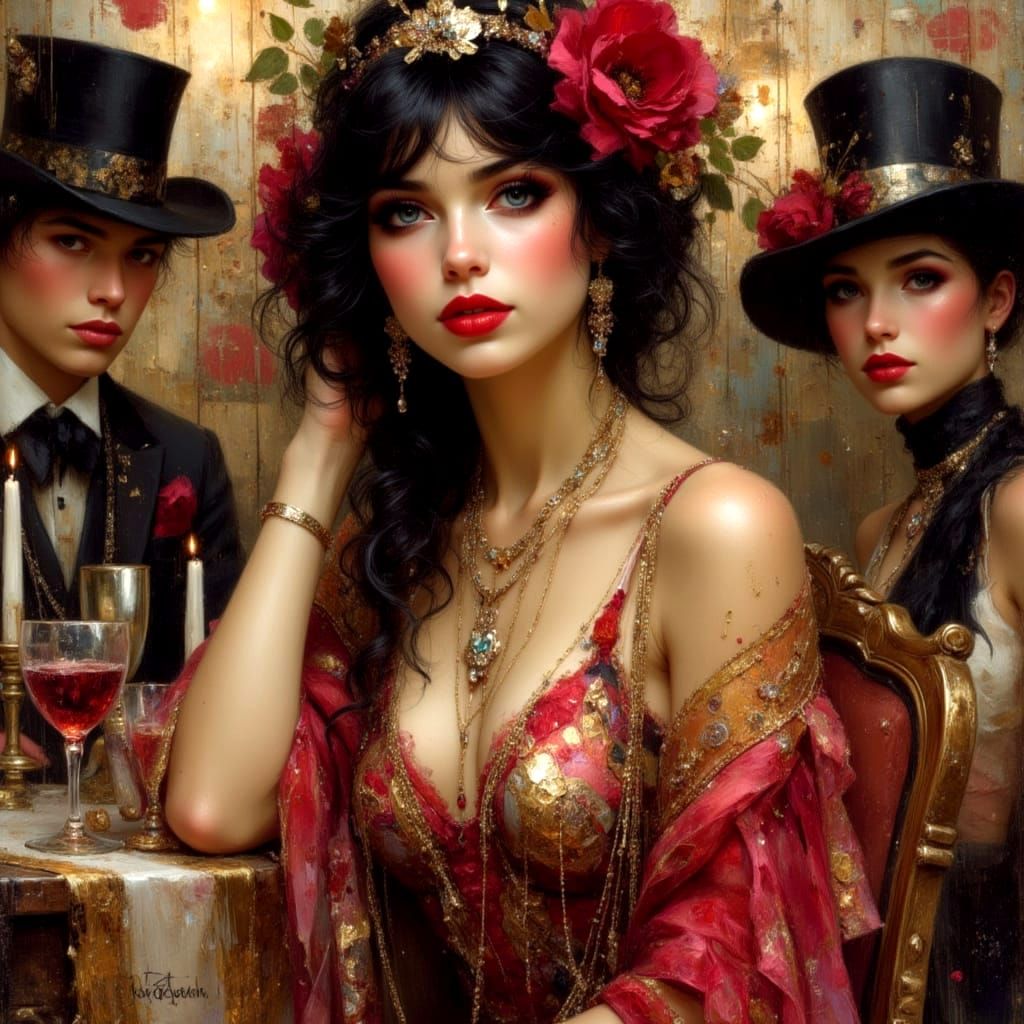 Vintage Glamour Woman in Klimt Style Party Scene