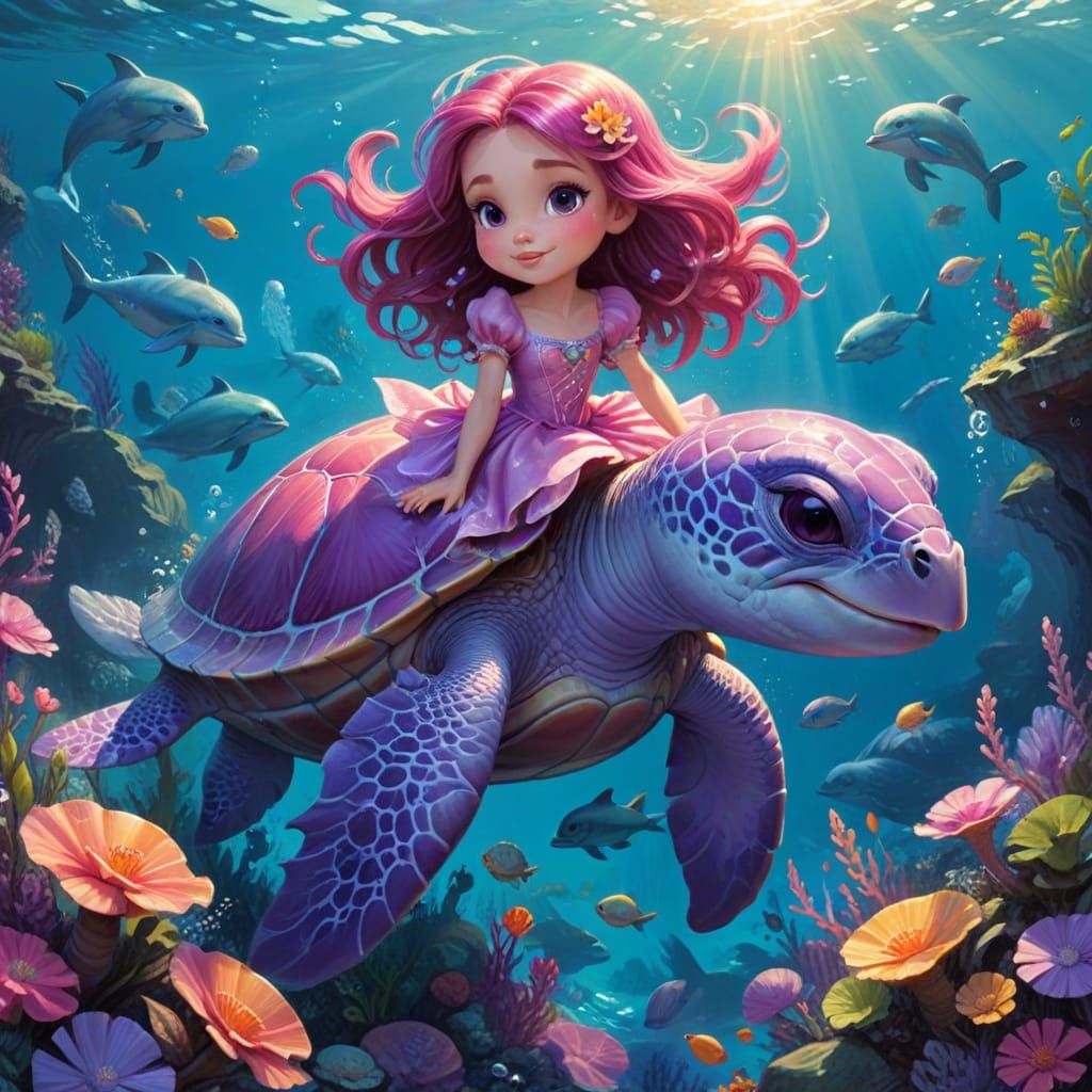 Chibi Princess Rides Giant Sea Turtle in Whimsical Ocean