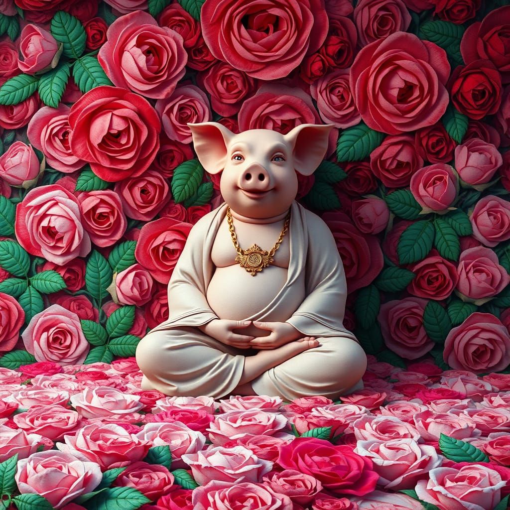 Meditative Pig Man Surrounded by Roses