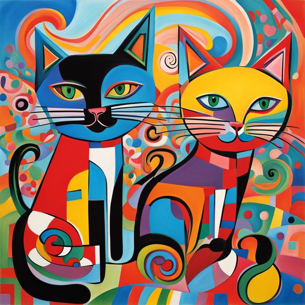 Cubist Cats Playing in a Colorful Abstract World