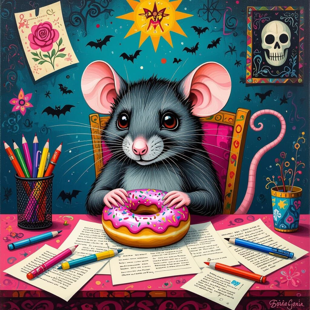 Rat with Donut in Gothic Pop Art Style