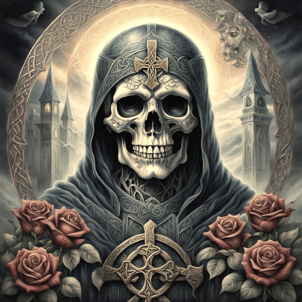 Tattoo Sheet with Skulls, Roses and Celtic Cross