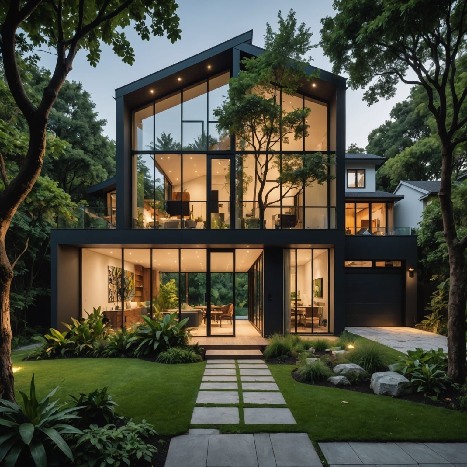 Modern House Surrounded by Lush Vegetation in Graffiti Art S...