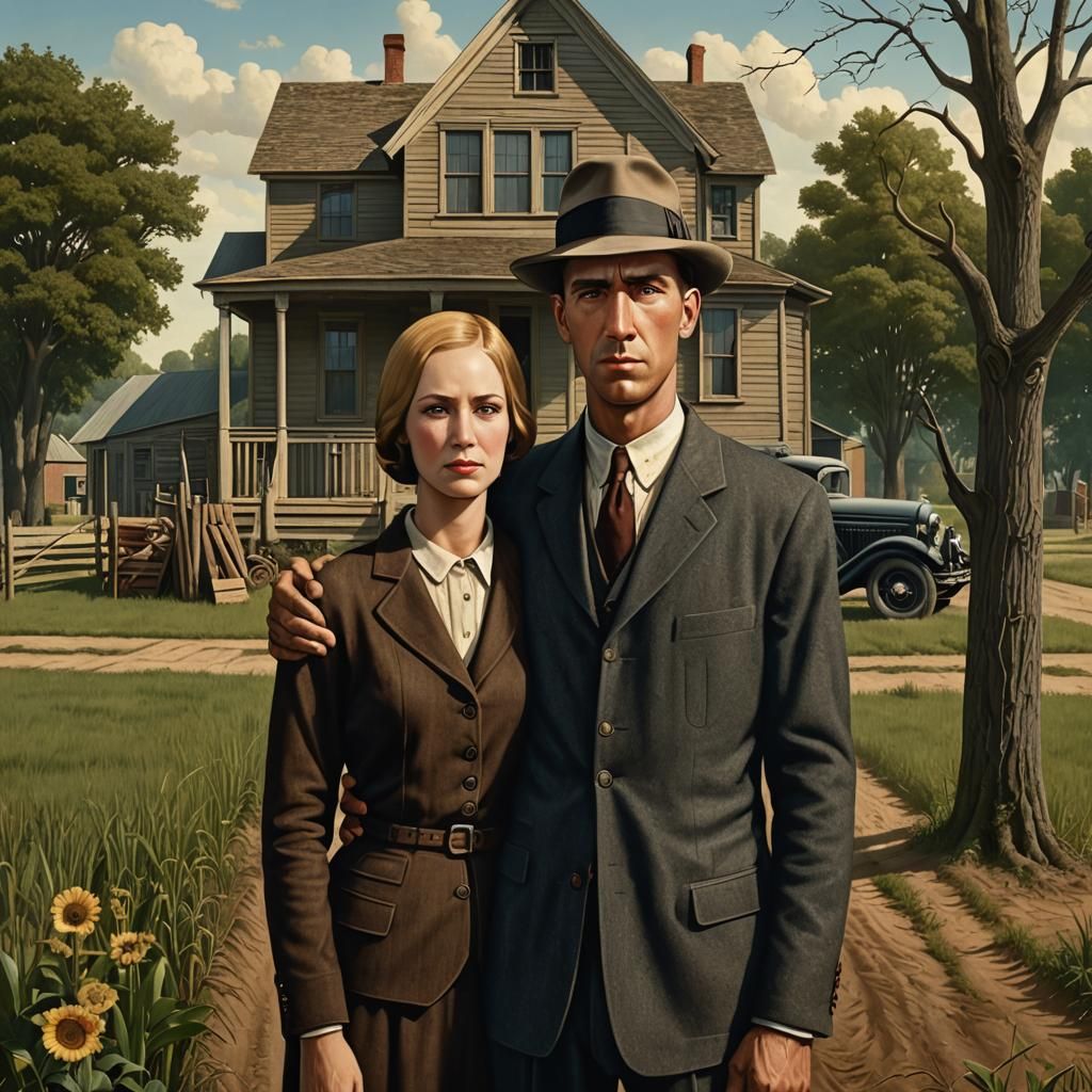 Bonnie and Clyde in American Gothic Style