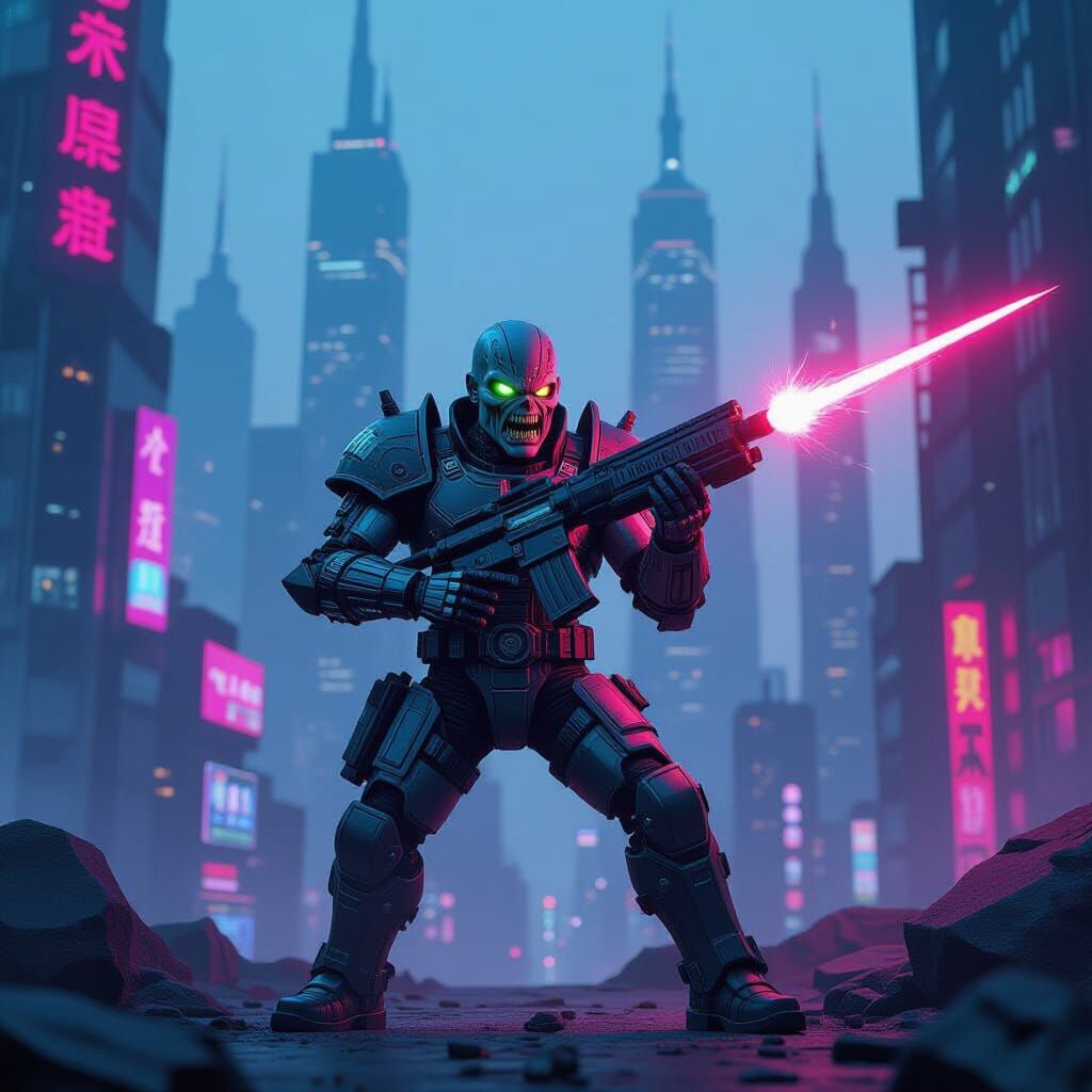Cyborg Eddie with Laser Gun in Neon City