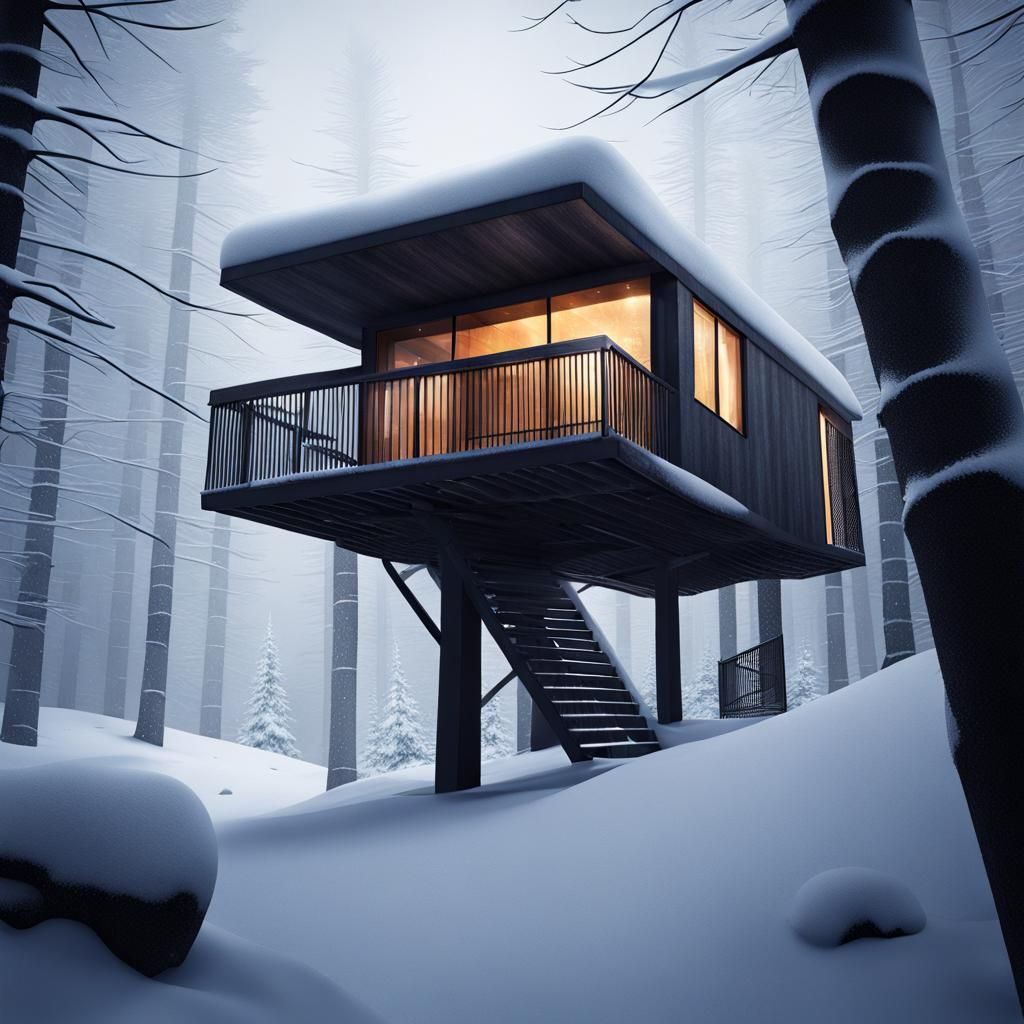 Dystopian Tree Hut in Snowstorm, Minimalist Concept