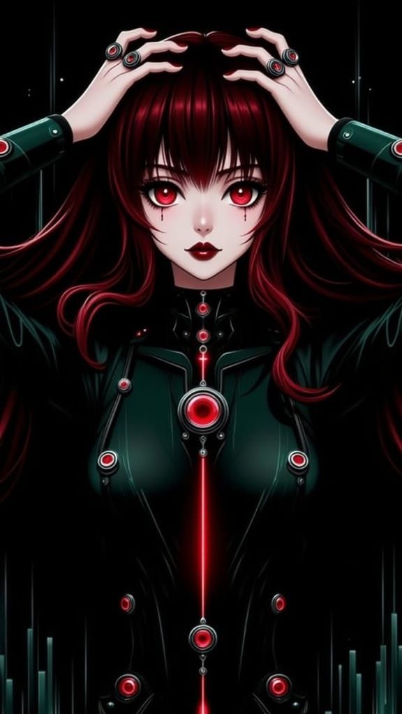 Goth Anime Girl with Crimson Hair in Emerald Landscape