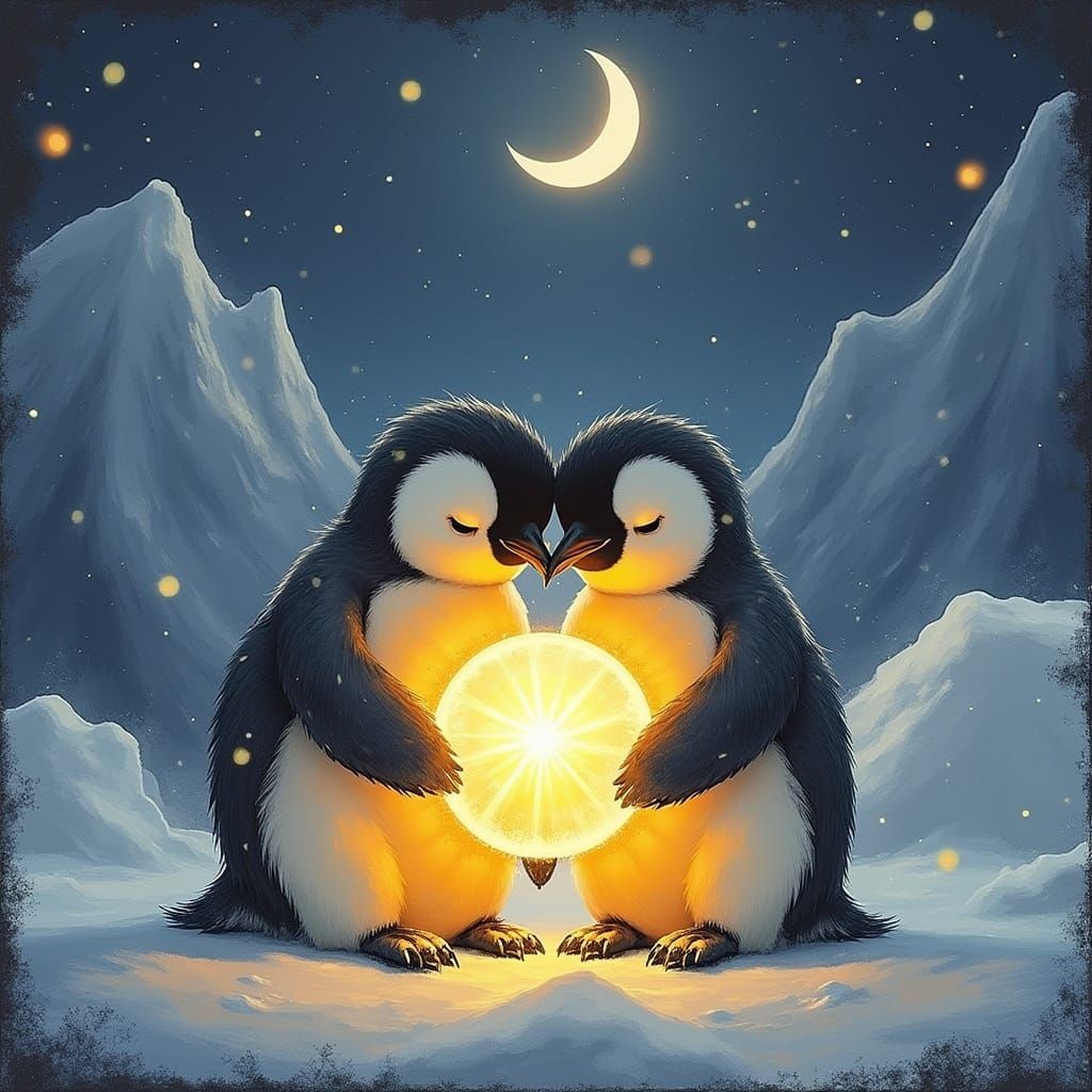 Enchanted Arctic Scene with Penguins and Magical Light