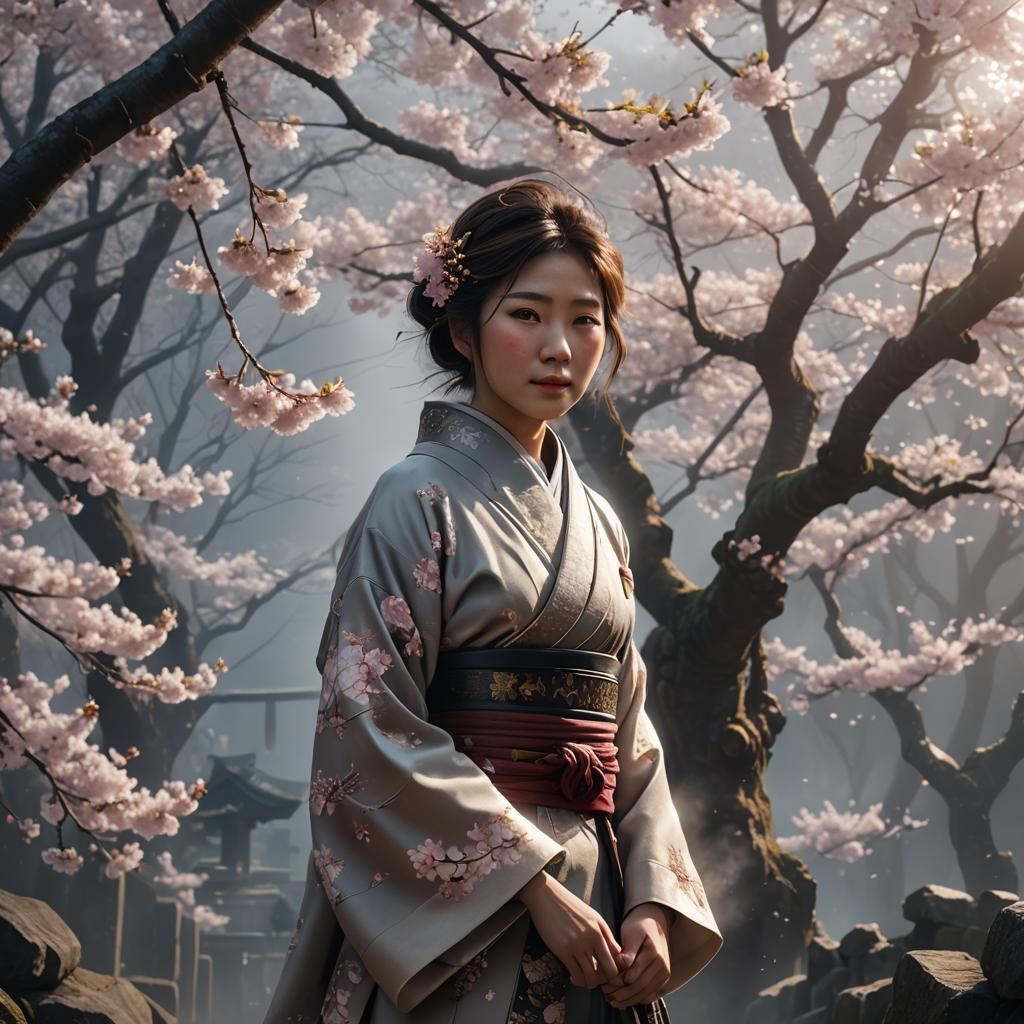Japanese Woman with Cherry Blossoms in Hyperrealism