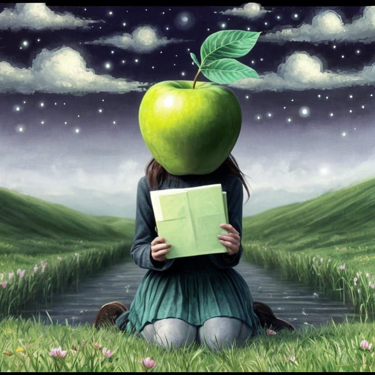 Surreal Apple-Headed Woman in Liminal Landscape